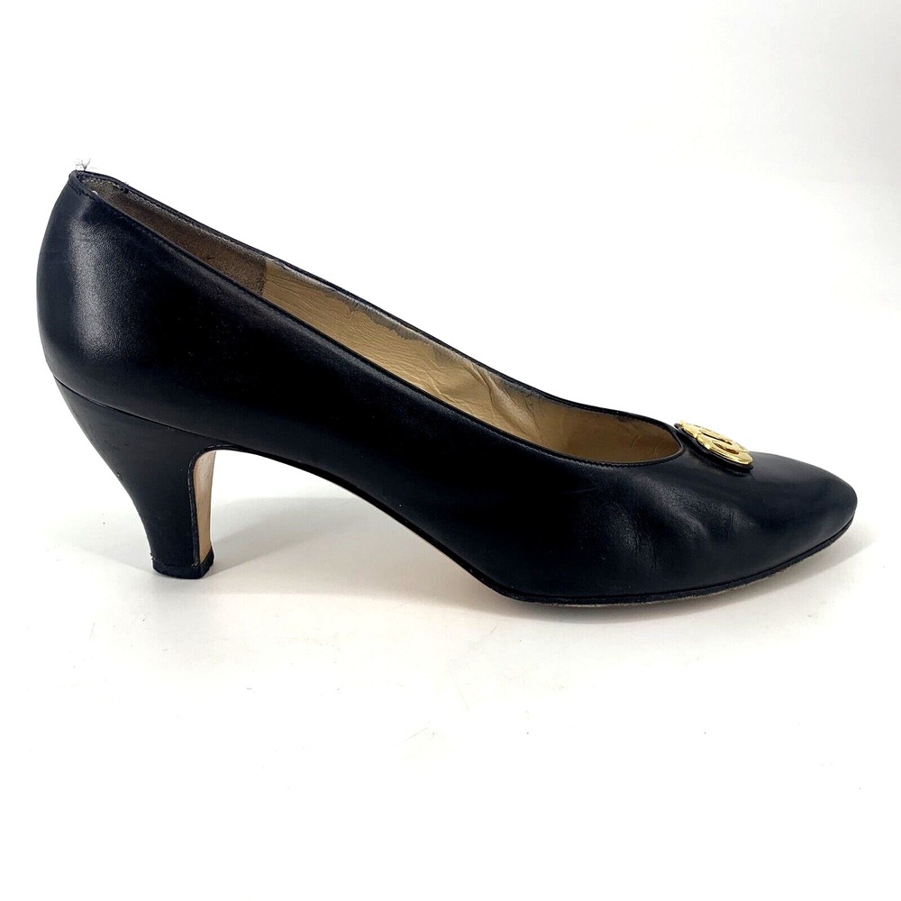 Salvatore Ferragamo Women Matita Black Leather Heel Gold Metal Logo Ring 10 B - Picture 10 of 16